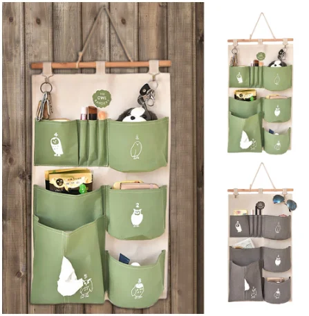 

7 Pocket Hanging Storage Bags Cotton Linen Closet Wall Hanging Organizers Mounted Wardrobe Storage Basket