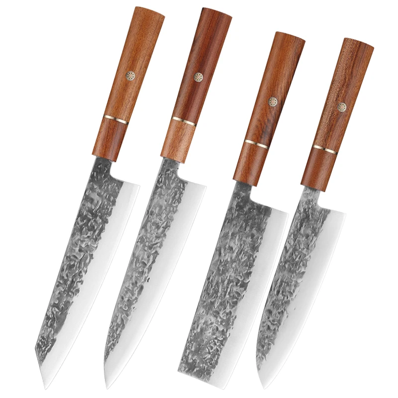 Luxurious 4-Piece Forged Metal Kitchen Knife Set with Wood Handle 5Cr15 Stainless Steel Kiritsuke Santoku Nakiri Chef Knife