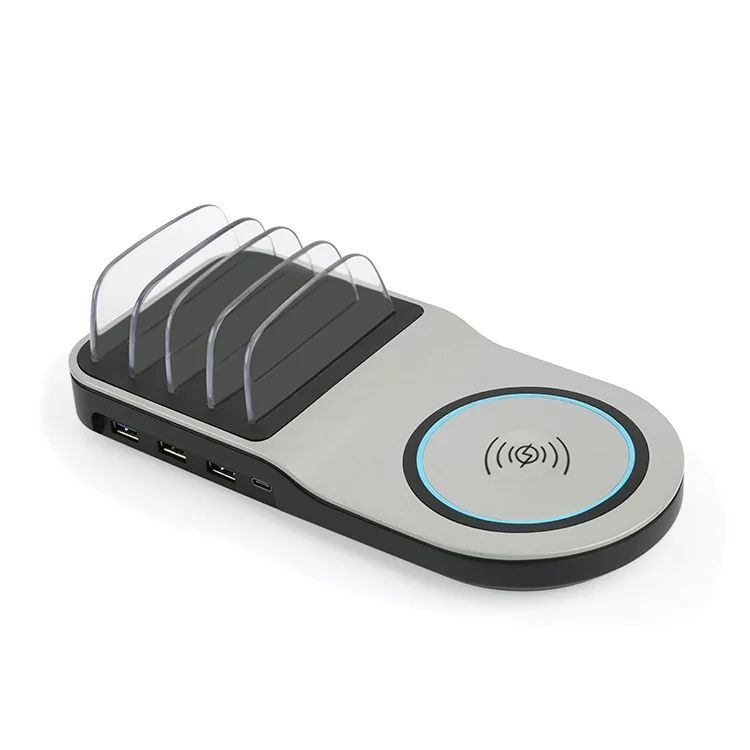 
Fast Charging Station with 4 USB Ports and 1 Qi Wireless Charging Pad for iPhone, iPad, Android Phones and Tablets 