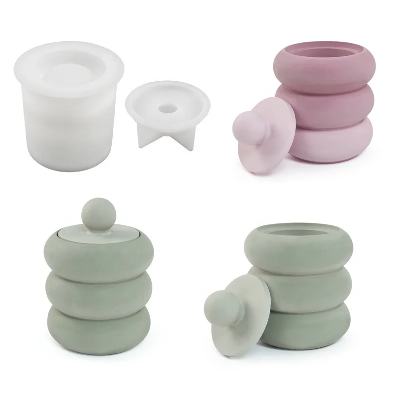 

CARATTE Donut Round Concrete Resin Candle Holder Silicone Mold with Lid Cement Jesmonite Mould