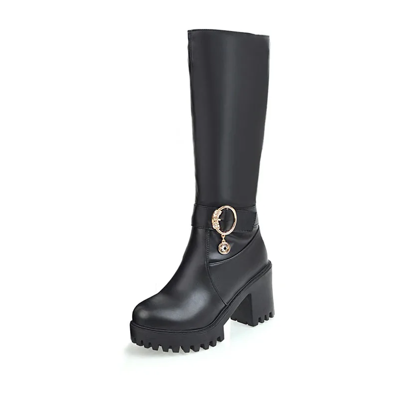 

Europe Stylish Round Toe High Heel Belt buckle Platform Waterproof Ladies'Knee-High boots, Black/white/pink
