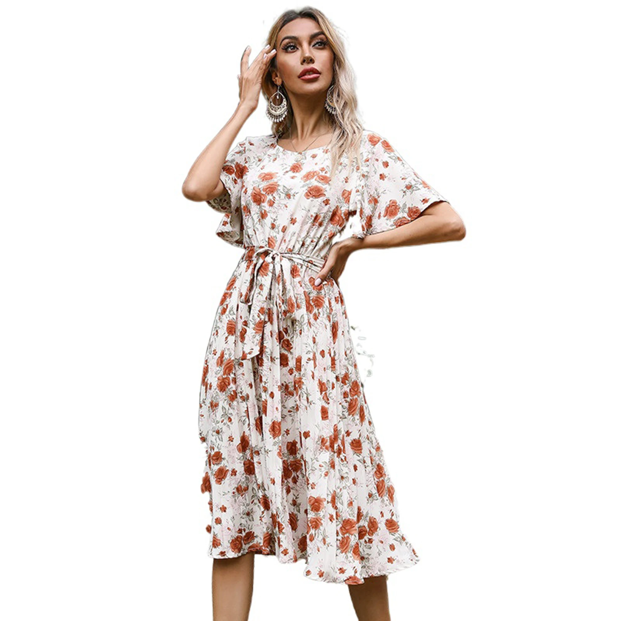 

Woman Clothing Midi Pleated Dress Floral Print Pleated Casual Dress, Custom