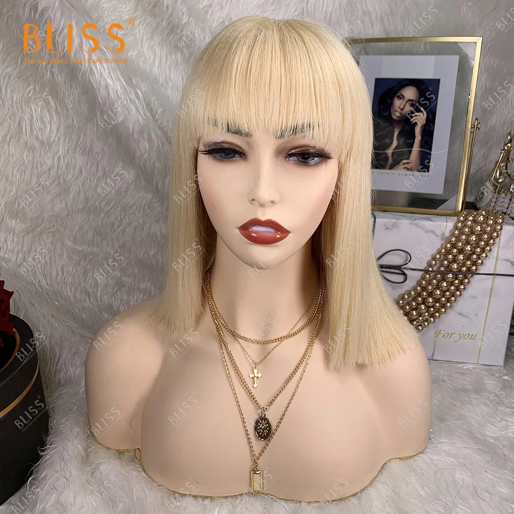 Bliss 13x4 613 Lace Frontal Bob Bangs Wig Blonde 613 Human Hair Lace Front Bob Wigs With Bangs 