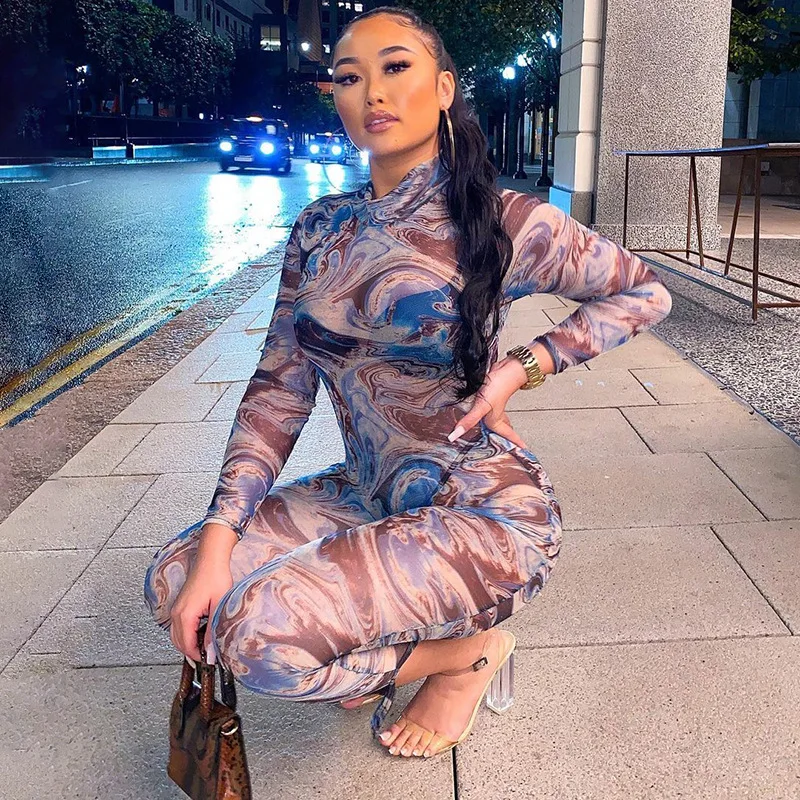 

CuteNOVA K20582S Printed Two Piece Set in Long Sleeves and Mesh Turtleneck Ladies Sets