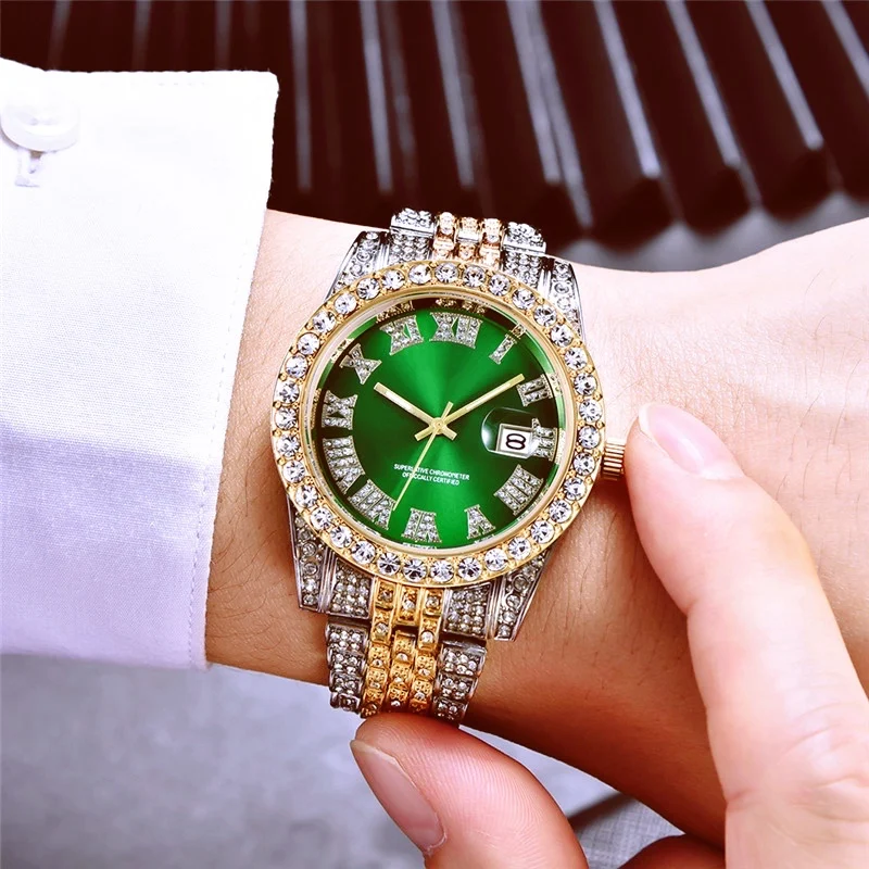 

New hot selling products Diamond Chrome Men Bling Wrist Watches For Men Two Tone Watch