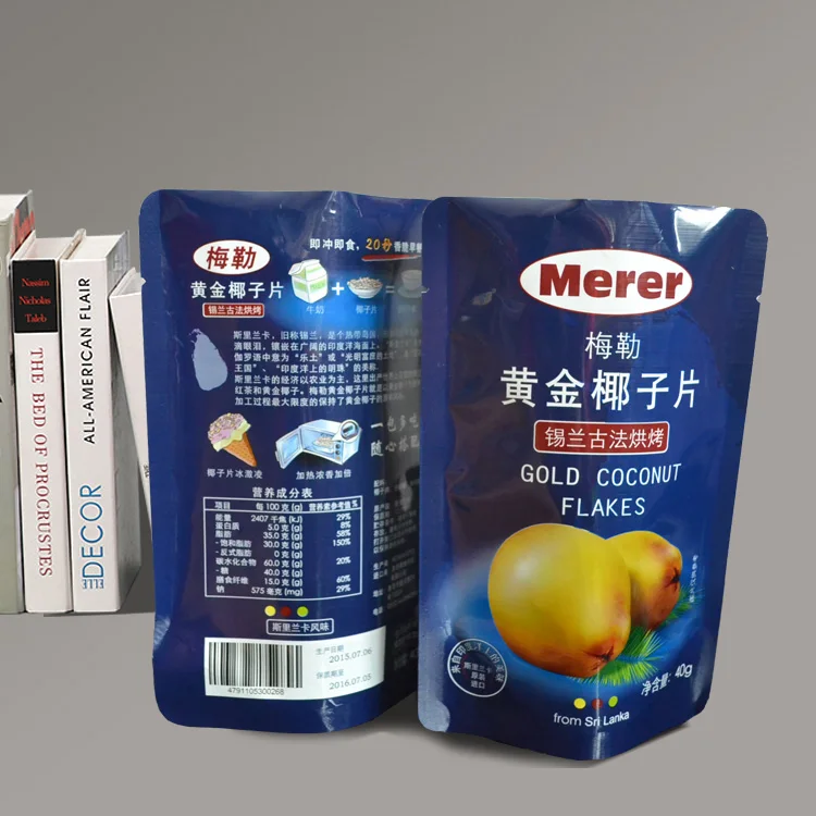 Custom aluminum foil stand up bag for coco<em></em>nut flakes dried fruit snacks airtight bag