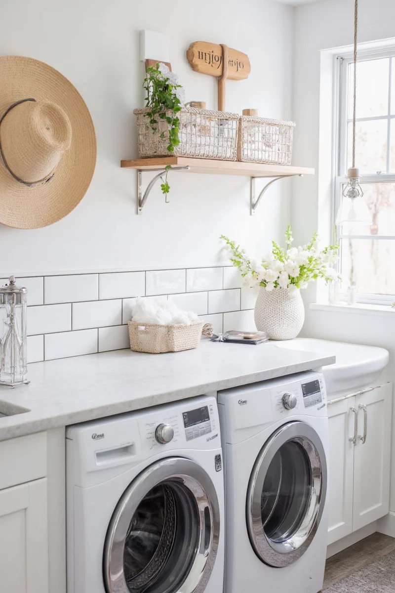Colorful storage bins in a laundry room