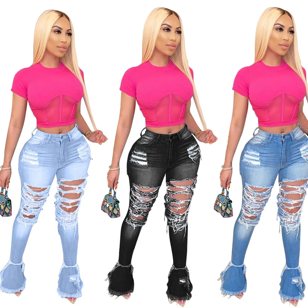 

High Waist Ladies Sexy Long Bell Bottom Pants Women's Pants with Hollow Out Women Flare Denim Jeans