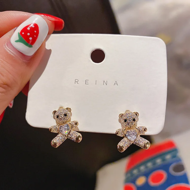 

fashion jewelry trendy heart crystal stud bear 18k earrings