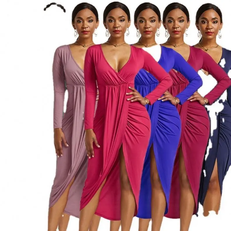 

2020 Fashion Ladies Long Sleeve V-Neck Slit Women Casual Party Bodycon Dresses