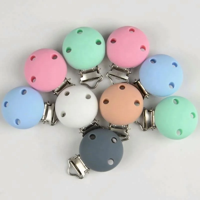 

High Quality BPA Free Round Shape Cute Silicone Teether Baby Pacifier Clip, Pink, gray, white, khaki green, light blue,fleshcolor