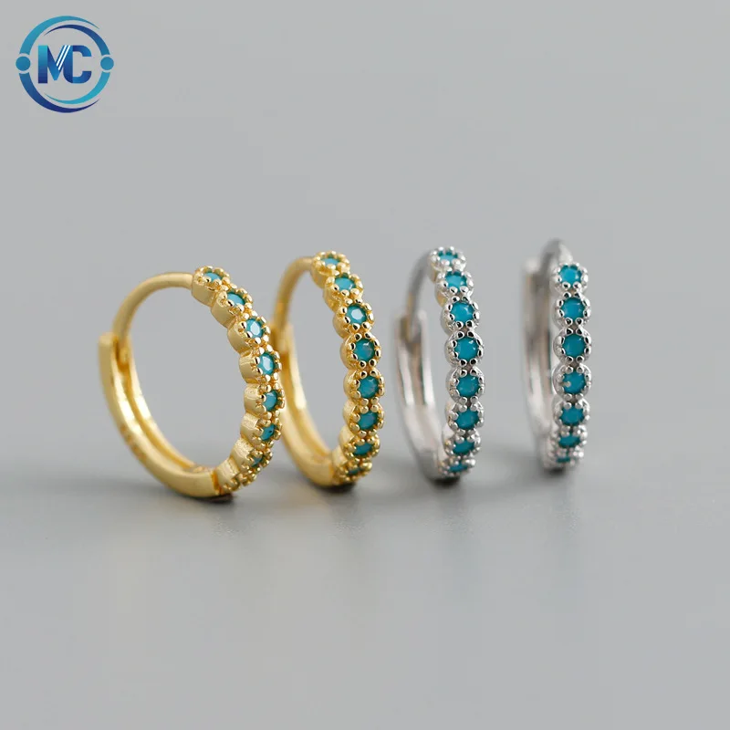 

925 Sterling Silver Small Mini Circle Blue Turquoise Hoop Earrings Real Gold Plated Iced Out Turquoise Hoop Earrings 2021