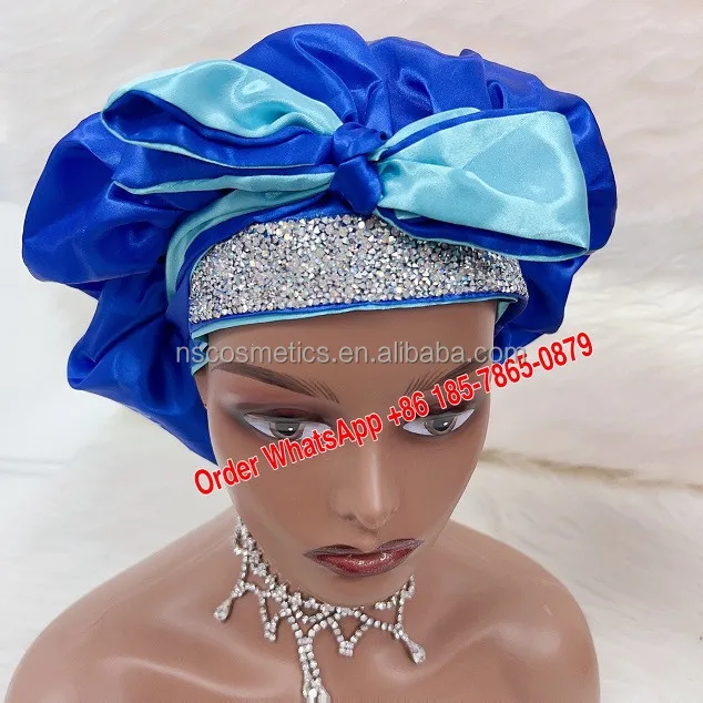 

luxury double layer satin diamond buling bonnet with long band Custom logo Silk Hair Bonnet custom hair designer bonnet vendor