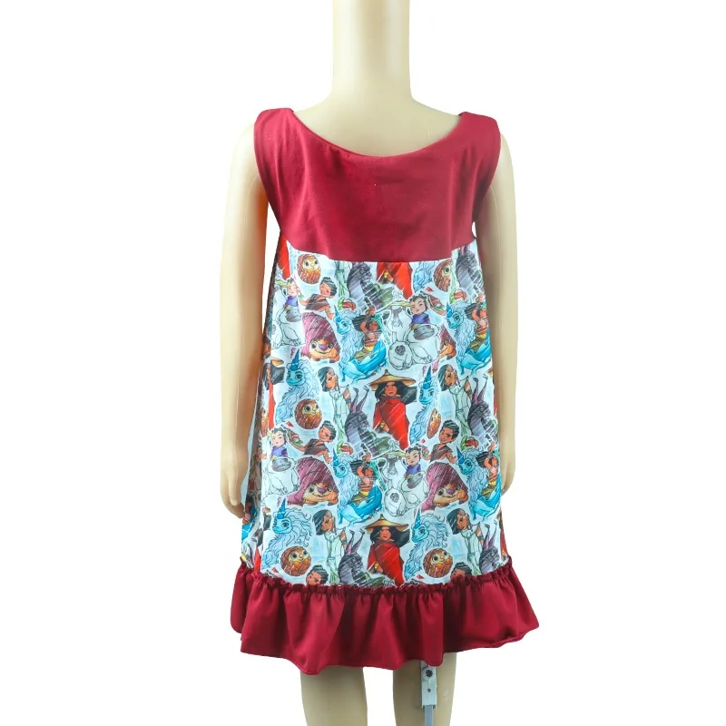 

Summer kids clothes crimson cotton dress cartoon print ruffle sleeveless skirt baby girl dress, Picture shows