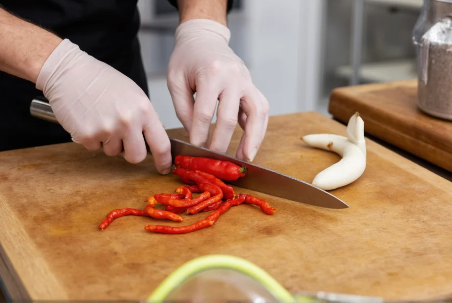 Chef wearing protective gloves carefully mincing a red Trinidad Moruga Scorpion pepper on cutting board with safety equipment visible