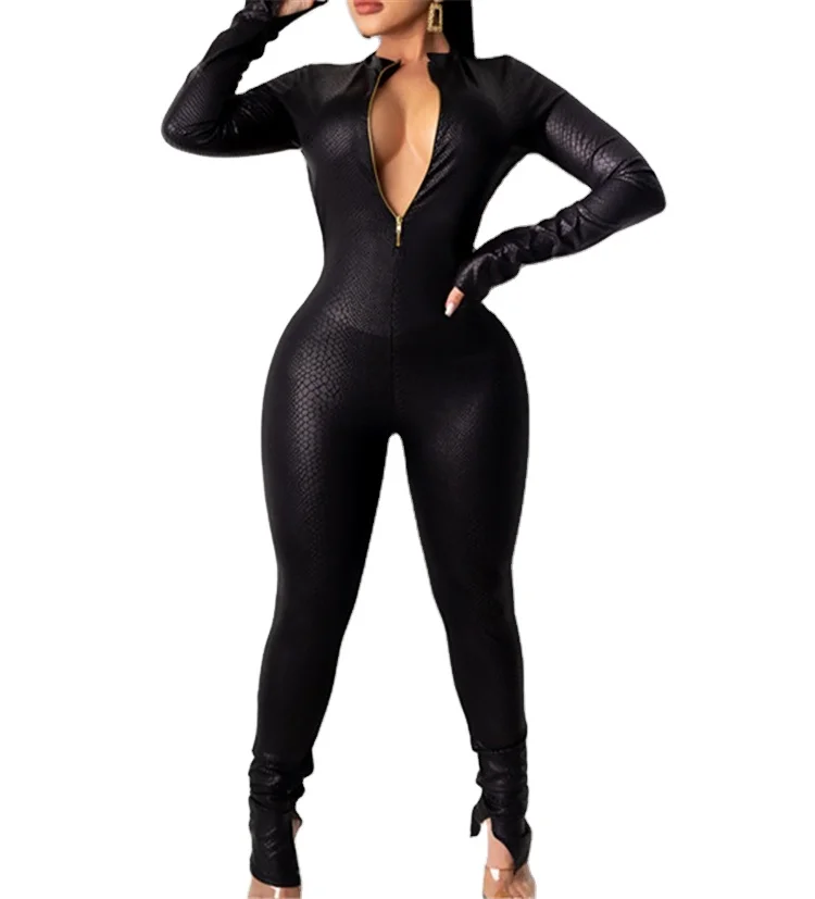 

Wholesale Women Clothing Black Leather Rompers Jumpsuits