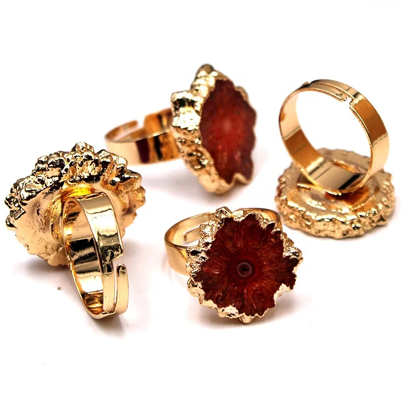 

Hot Selling Fashion Unique Natural Stone Quartz Crystal Druzy Sunflower Agate Wedding Engagement Ring for Women