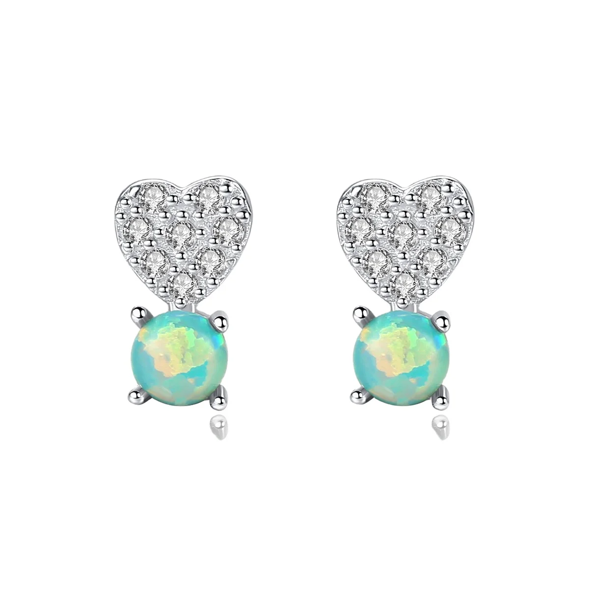 

925 Silver Earrings Mini Korean Styke Woman Heart Opal Stud Zirconia Earrings
