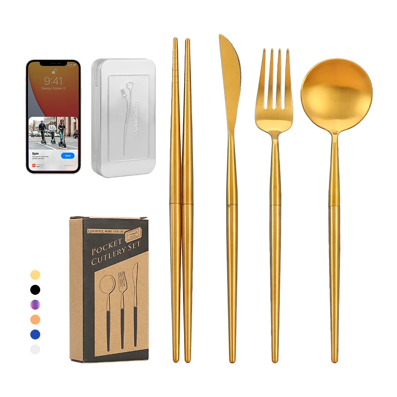 

Wholesale Travel Utensil Set Gold Silverware Foldable Collapsible Cutlery Spoon And Fork, Silver/gold