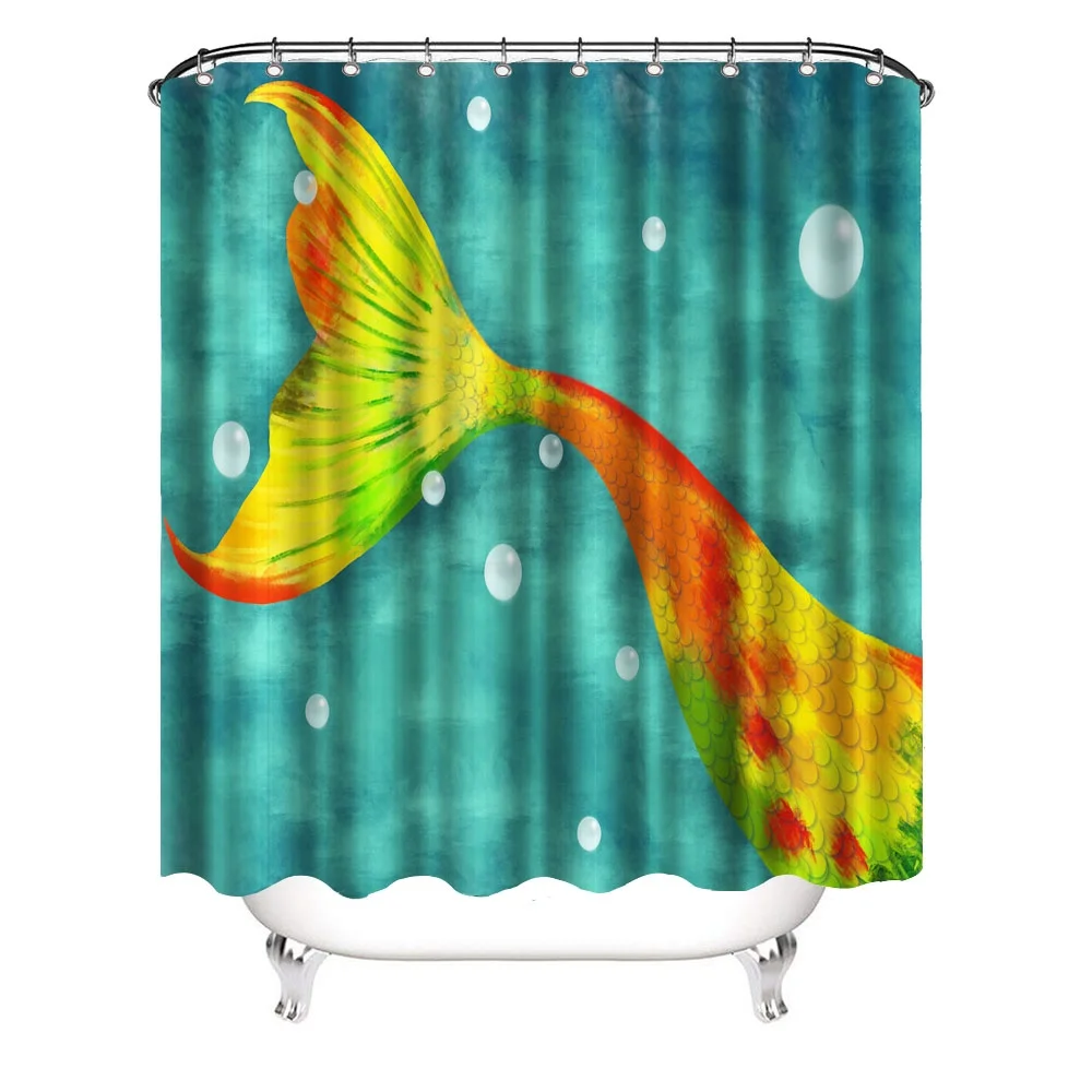 

Colorful Mermaid Tail Shower Curtains Marine Painting 3D Printing Bathroom Shower Curtain with 12 Hooks Size 72x72inch