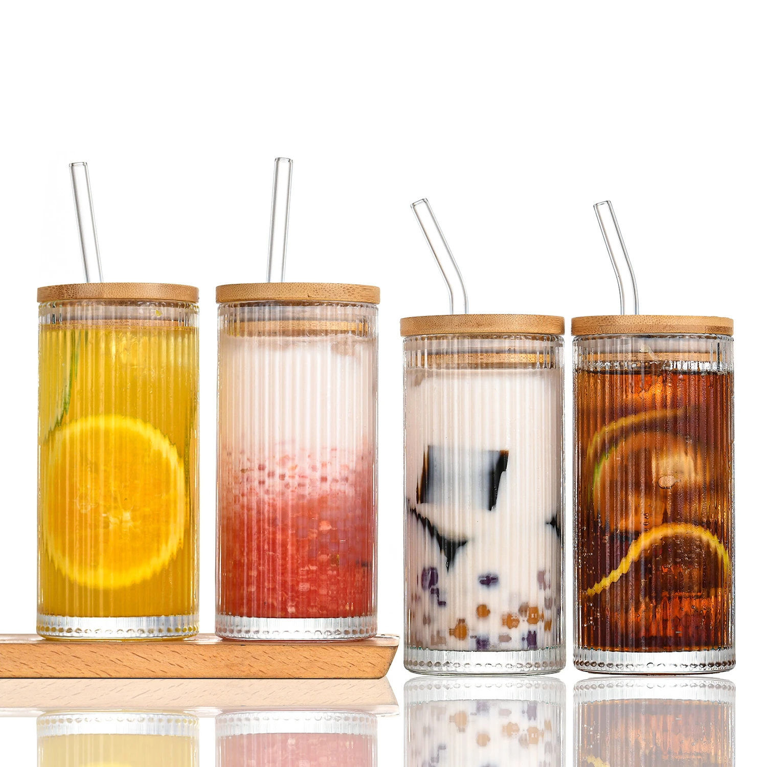 

K02 New 12oz Vertical Design Juice Cup Set Cola Can Glass Coffee Mug Milk Tea Cup Glass With Bamboo Lid And Straw