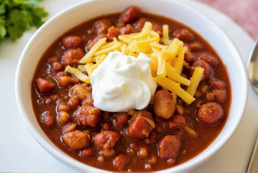 Finished crockpot chili served in bowl with toppings like sour cream and cheese