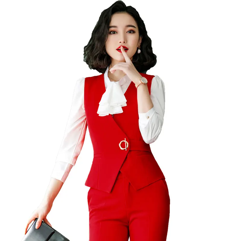 

Lenshin 2 Piece Set Formal Red Vest Pant Suit Women Sleeveless Jacket Office Lady Business Wear, Red, black