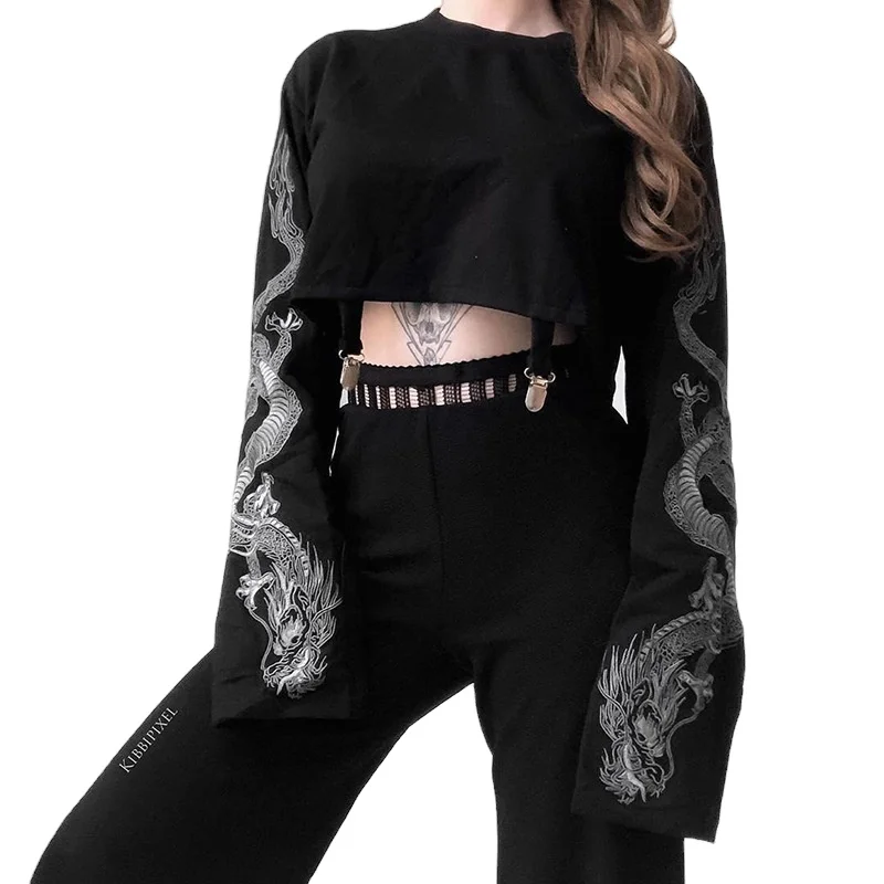 

Dragon Print Long Sleeve Gothic Street Club Sexy Black Hoodies Women Loose Cropped Sweatshirt Autumn Short Pullover Clothes