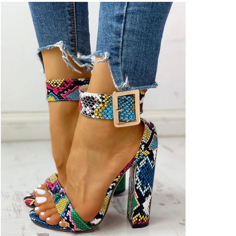 

ROMAN SANDALS thick heel retro color snake stripe high heel sandals 2021