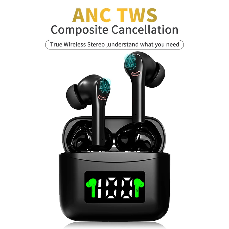 

New -38Dbs Anc Active Noise Cancellation J5 Pro Tws Earbuds Wireless Bt5.2 Ipx5 Waterproof Boat Earphone With Led Display Headse, White/green/black