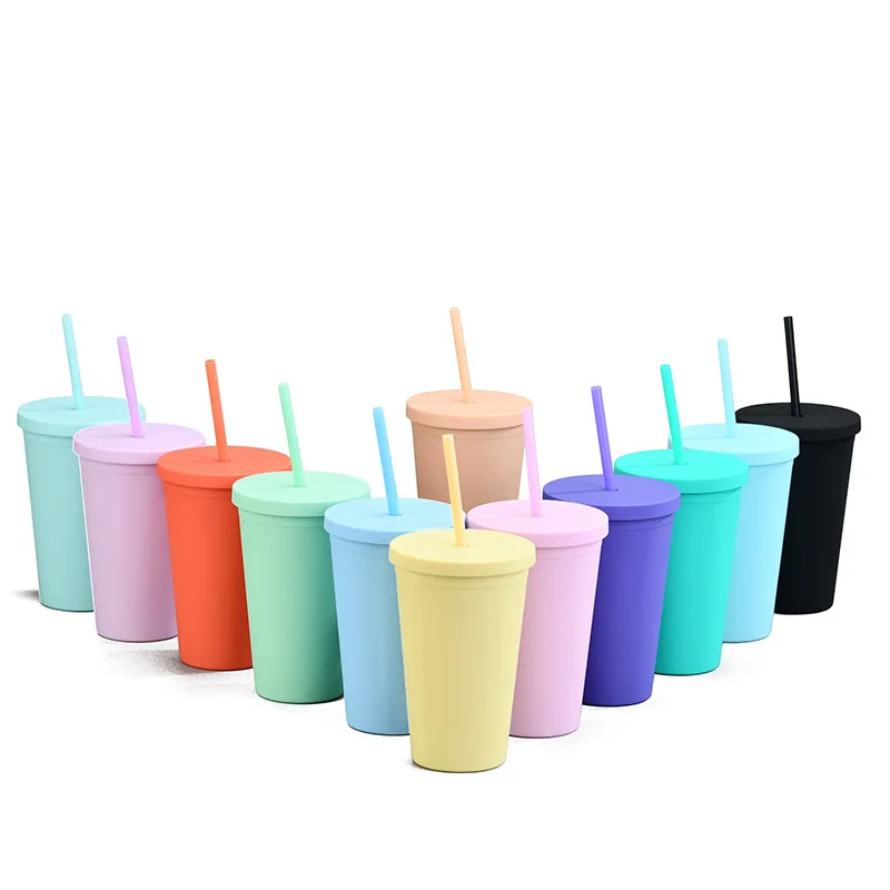 

16OZ colorful Acrylic Skinny Tumblers Double Wall Insulated Plastic Tumbler Coffee Drinking Reusable Cup With Straws Lids