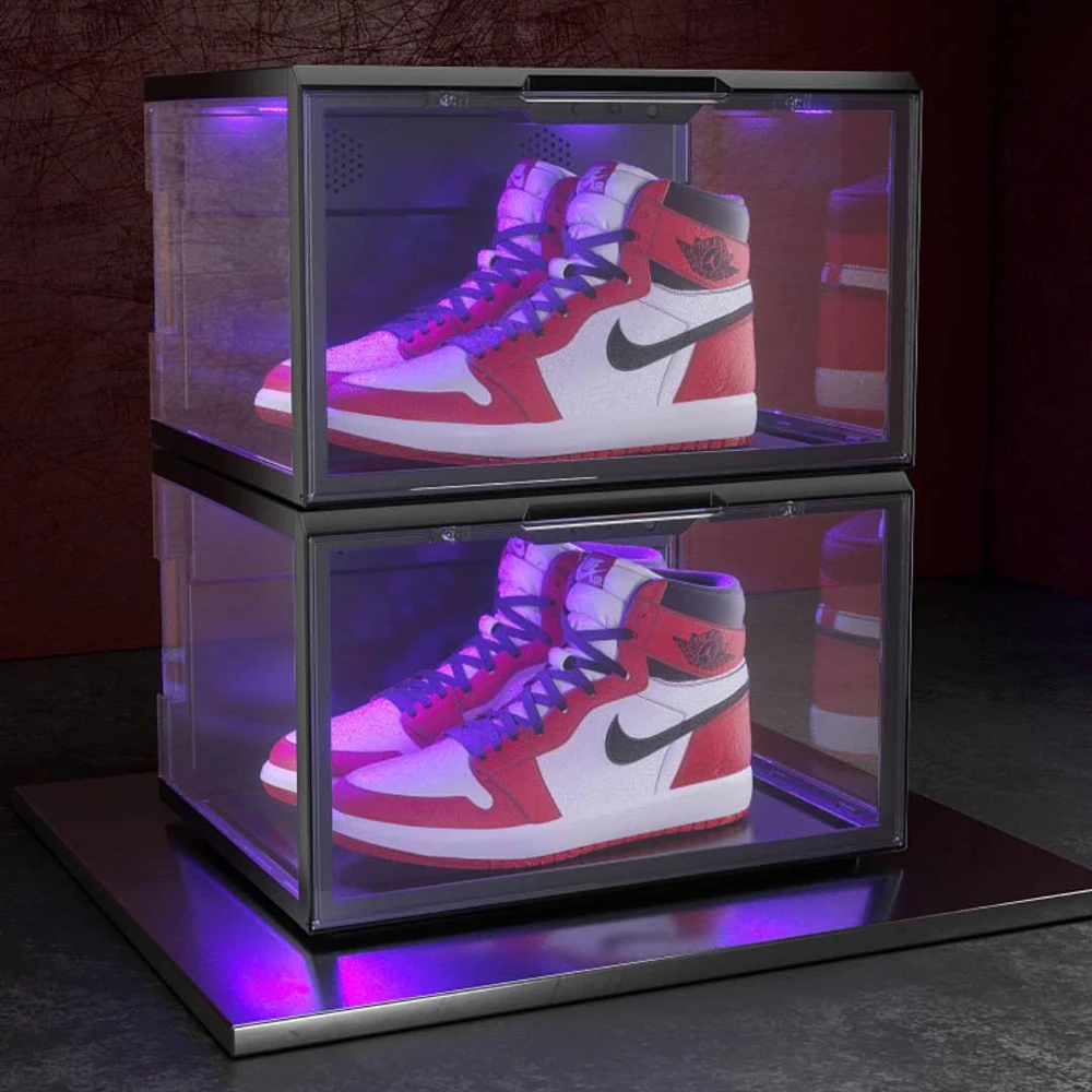 

Clear Transparent Display Sound Control Stackable Acrylic Custom Sneaker Storage Logo Side Open Magnetic Led Shoe Box With Light