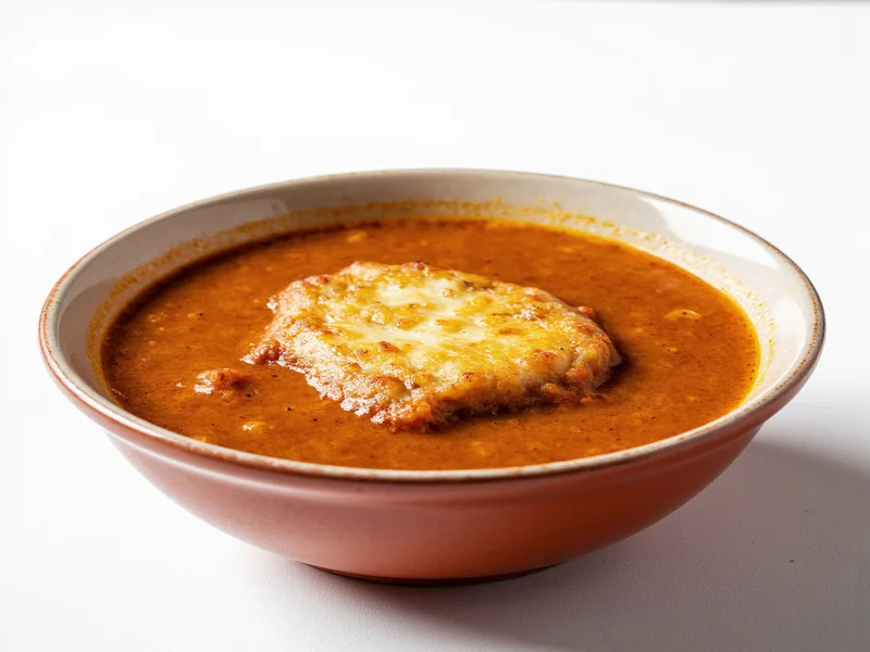 Finished french onion soup with melted cheese crust in bowl