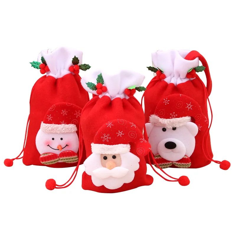 

Linna Stock Christmas Santa Bag Soft Velvet Drawstring Cute Cartoon Design Gift Pouch Tote Cheap Christmas Gift Bag For Kids