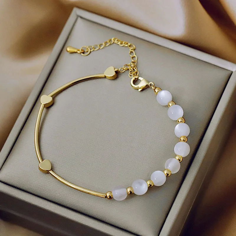 

Statement Charm Bracelet Beaded Bracelet Opal Stone Beads Gold Plated Love Heart Bangle Women Charm Bracelet