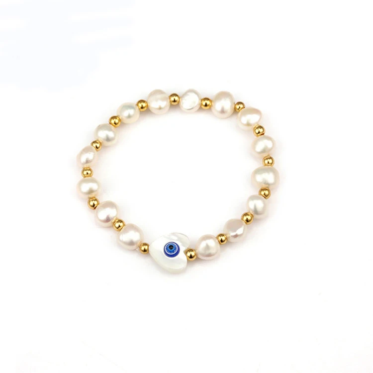 

Stainless Steel Pearl Beaded Blue Eye Bracelet Heart-shaped Shell Bracelet Elastic Bracelet, Gold or custom
