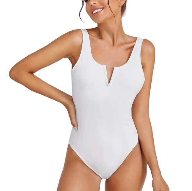 

Casual Woman Beachwear Ribbed Lovely V Neck One-Piece Swimsuit Detachable Chest Pad