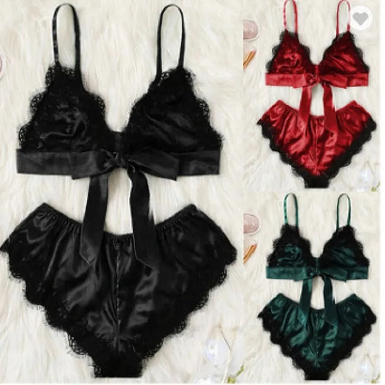 

2021Wholesale Custom Women sexy lingerie 2 piece set satin lace bra set, As show