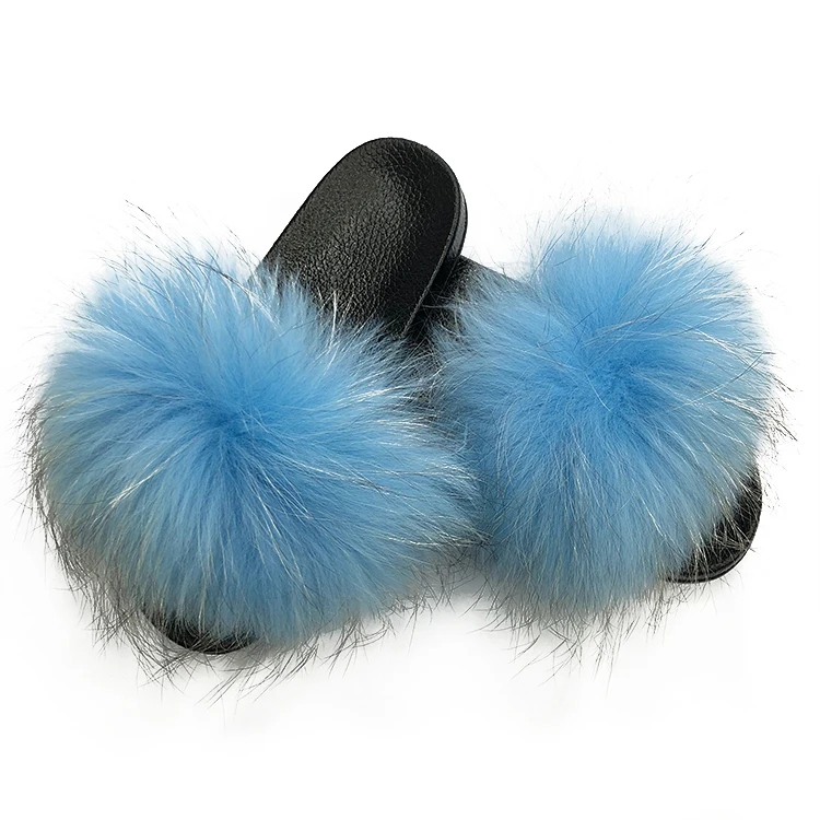 

Wholesale custom fur full cover ladies women fur sandals solid color slides real raccoon fur slippers, Customized color