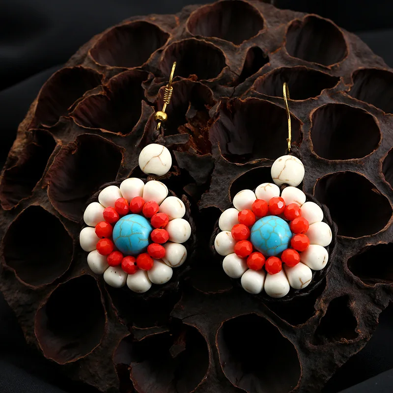 

ES003-72 Boho Turquoise Drop Flower Earrings Vintage Thai Wax Thread Hand Woven Crystal Earrings, White,red,blue,mixed color