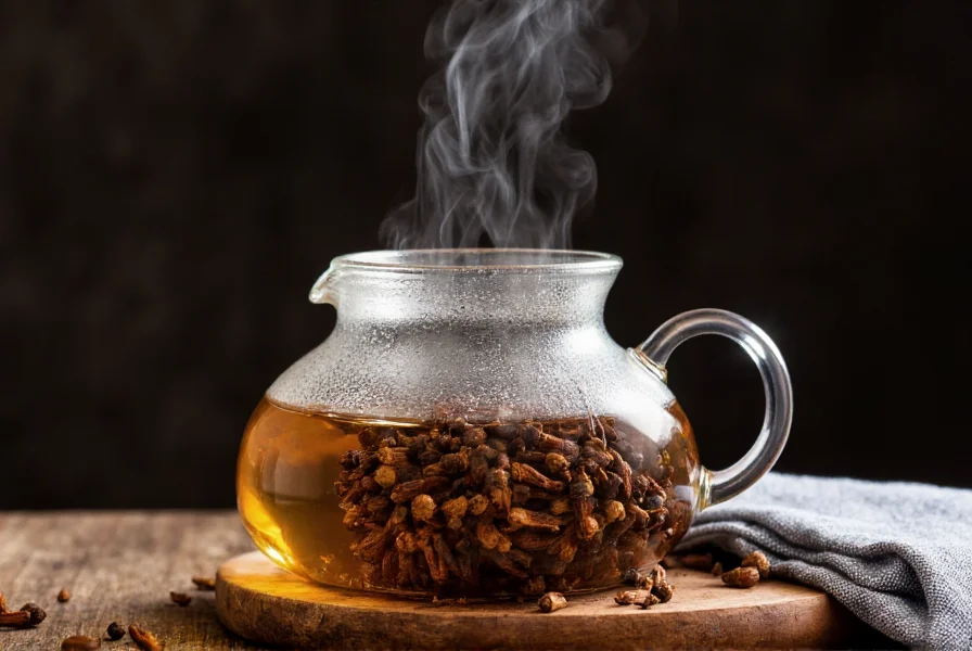 Clove tea steeping in glass teapot with steam