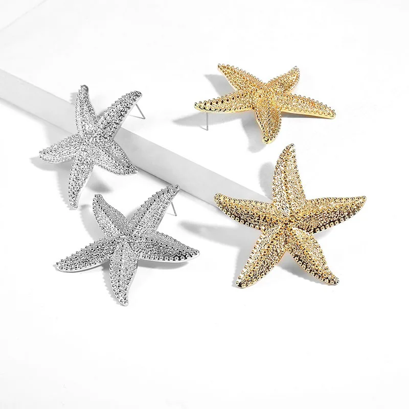 

High quality textured exaggerated big gold starfish earrings for women, Gold;silver