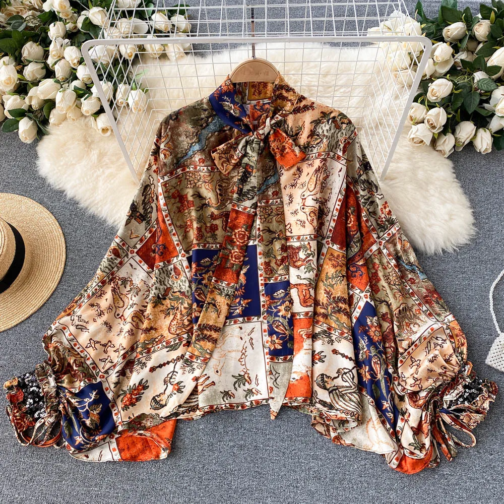 

2022 Spring And Autumn New Arrival Fashion Women'S Puff Sleeves Vintage Printed Blouse Top Shirts, Customized color