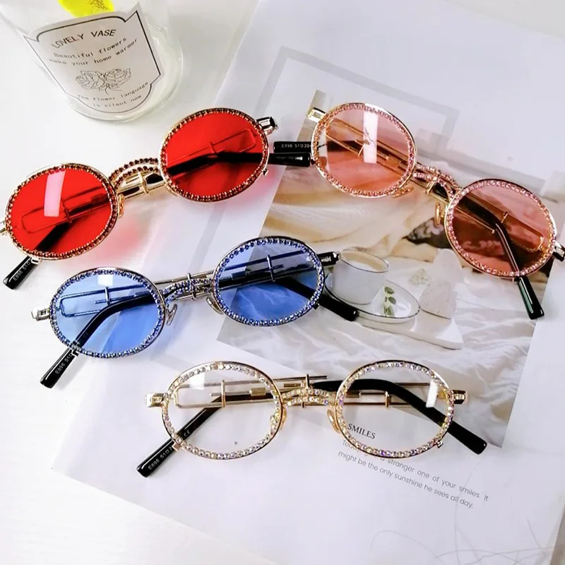 

2021 New Design Retro Small Oval Colorful Transparent Luxury Fashion Rhinestone Sunglasses for Girl Ladies, Custom colors