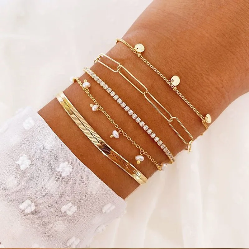 

5pcs/set Gold Color Chain Bracelet Set Punk Vintage Crystal Pearl Bead Wedding Bracelets Bangles for Women Wholesale