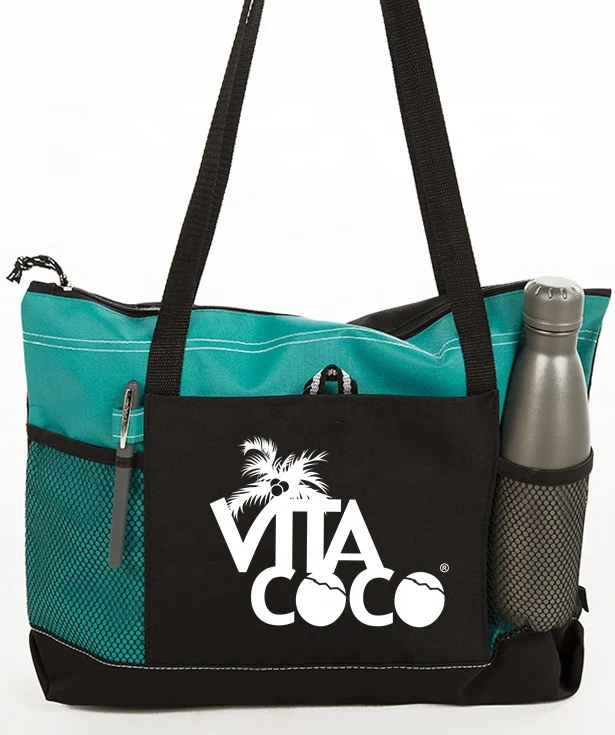 

Custom Recycled Large Trade Show Easy Carry Zipper 600D Polyester Tote Bag With Mesh Pockets, Peacock blue or custom