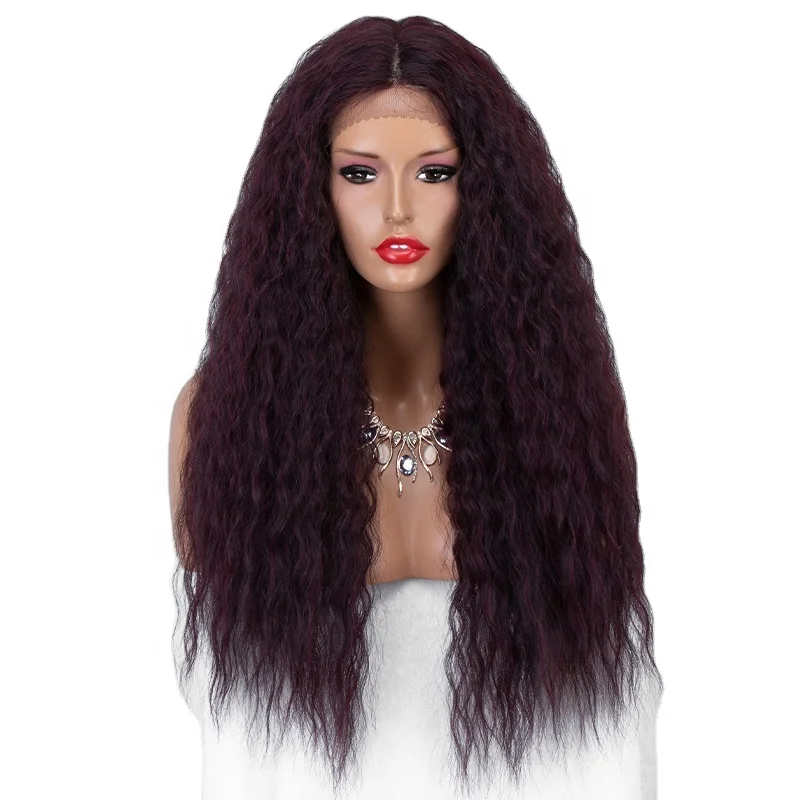 

Aliblisswig Natural Looking 99J Burgundy Heat Friendly Fiber Hair Long Curly Middle Deep Parting Synthetic Lace Front Wig
