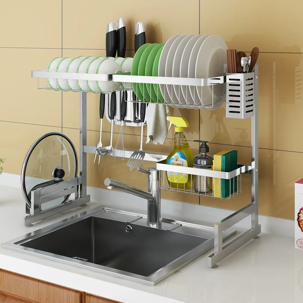 

65CM stainless steel 2 tier kitchen multifunctional storage holders drainer drying dish rack over sink