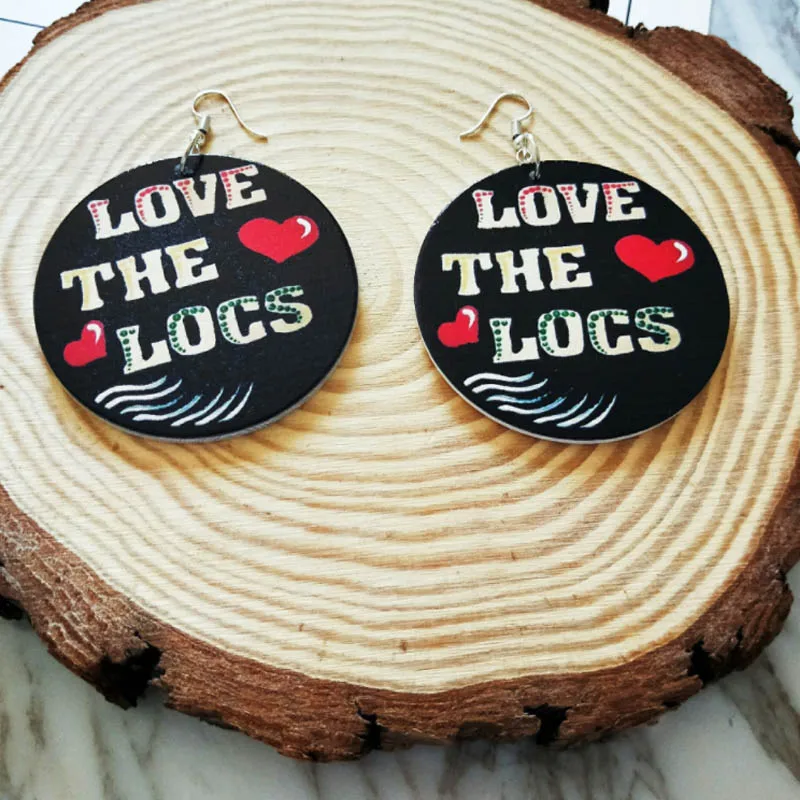 

Bohemian African Painting Love The Locs Letters Earring Red Heart Tribal Black Round Wood Earring, As pictue showed