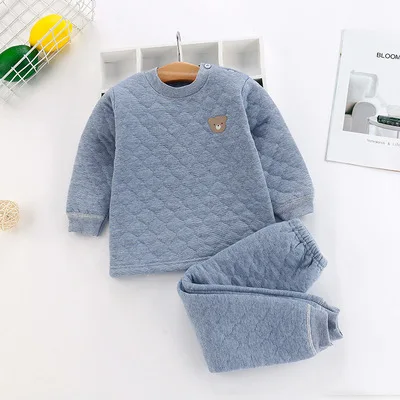 

Autumn and winter children's warm clothing three layers warm boy and girl thick folder cotton Johns two-piece set, 1-4